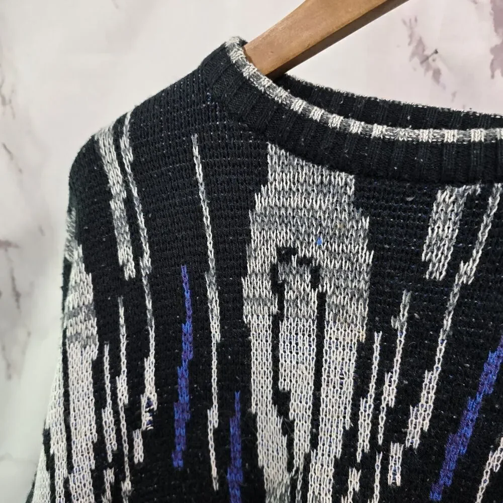Vintage Sweater Mens XL Black Gray Blue Acrylic 80s 90s Raglan Ikat Abstract